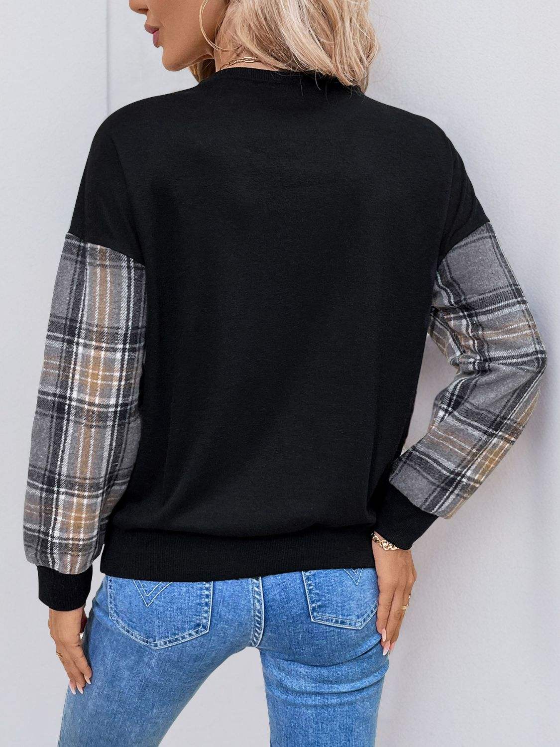 Perfee Plaid Round Neck Long Sleeve Sweatshirt - Trendsi - Flyclothing LLC