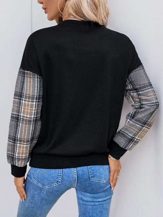 Perfee Plaid Round Neck Long Sleeve Sweatshirt - Trendsi - Flyclothing LLC