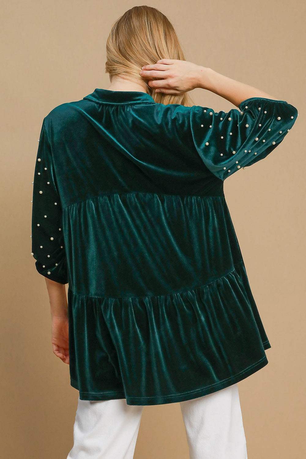 Umgee Pearl Detail Half Sleeve Velvet Babydoll Blouse - Trendsi - Flyclothing LLC