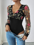 Perfee Embroidered V-Neck Long Sleeve Bodysuit - Trendsi