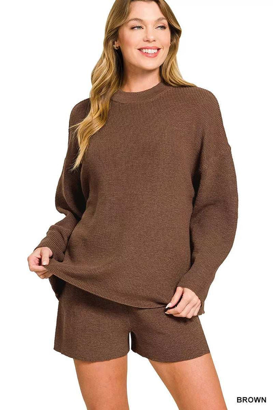 Zenana Round Neck Knit Top and Shorts Sweater Set - Trendsi - Flyclothing LLC