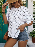 Slit Polka Dot Round Neck Half Sleeve Blouse - Trendsi