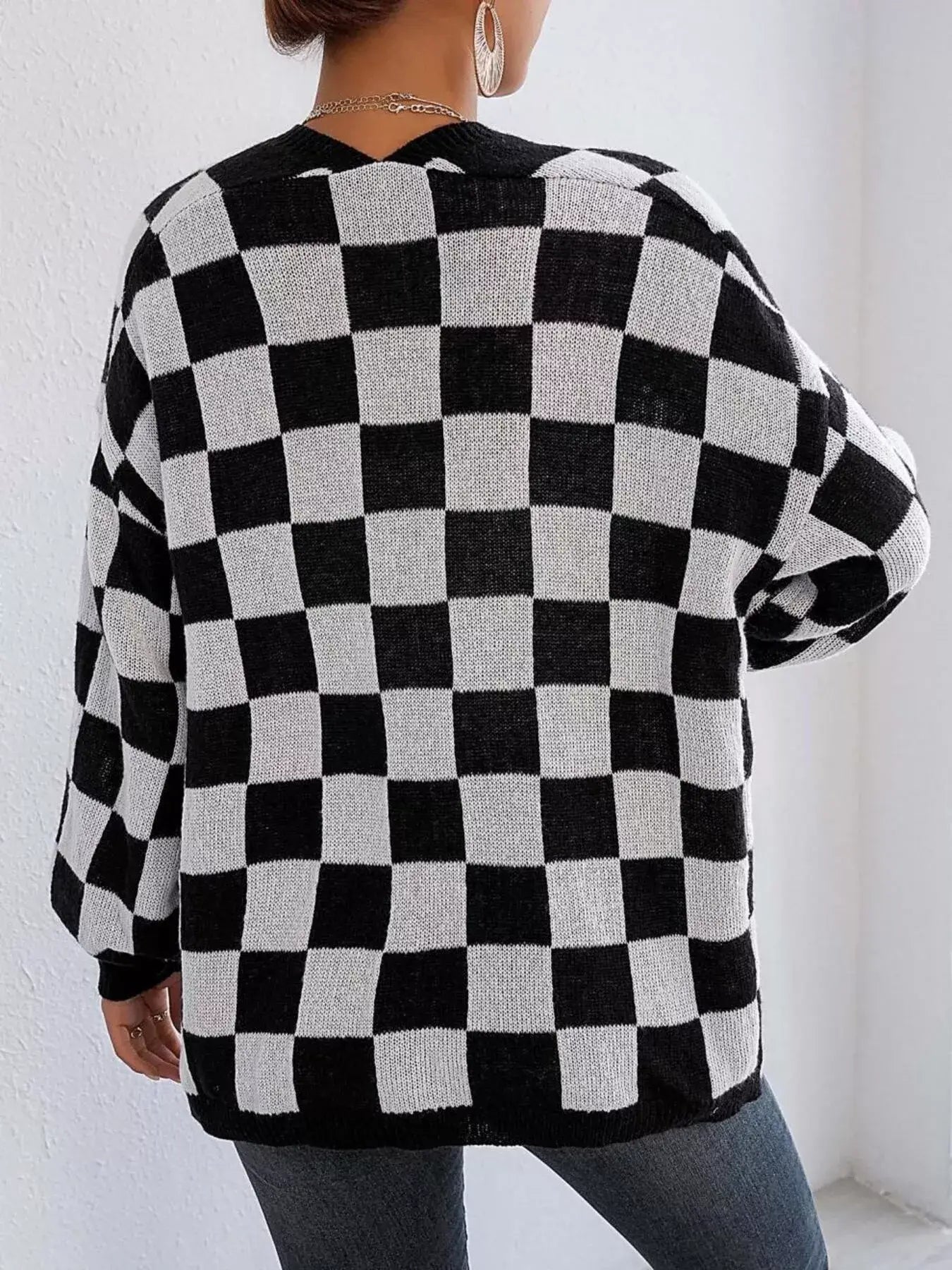 Checkerboard Pattern Open Front Knit Cardigan - Trendsi - Flyclothing LLC