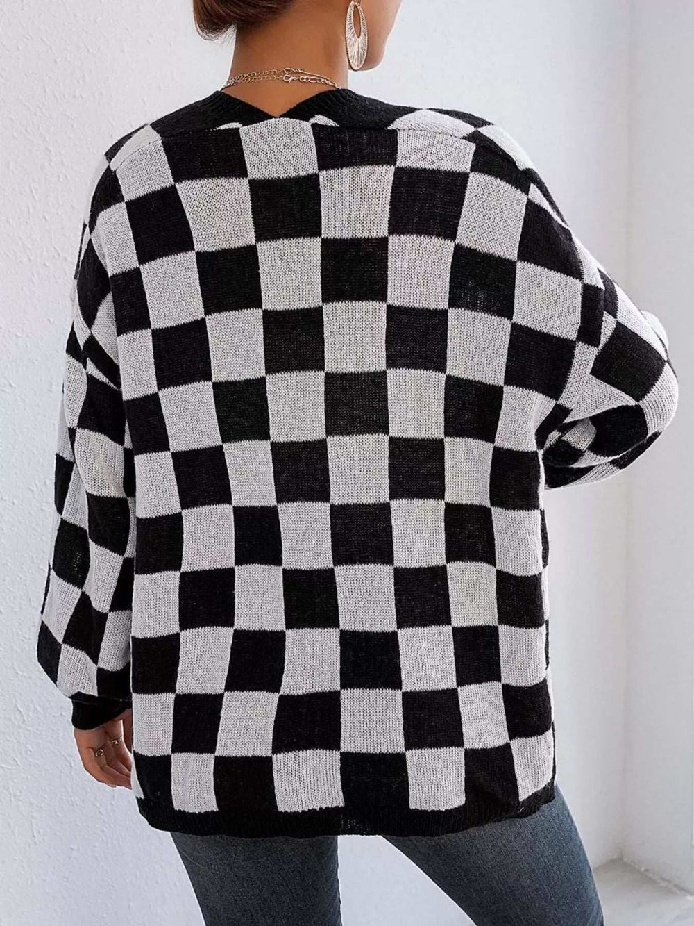 Checkerboard Pattern Open Front Knit Cardigan - Trendsi - Flyclothing LLC