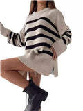 Side Slit Striped Oversized Knit Sweater - Trendsi - Flyclothing LLC