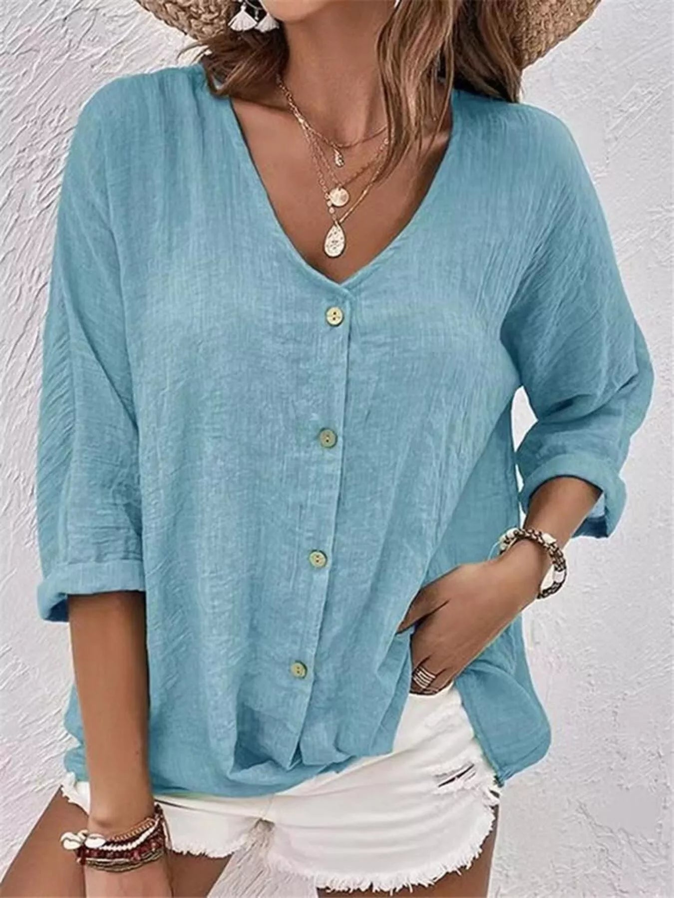 Full Size Casual V-Neck Button-Down Blouse Plus Size - Trendsi - Flyclothing LLC
