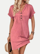 Quarter Button V-Neck Short Sleeve Dress - Trendsi - Flyclothing LLC