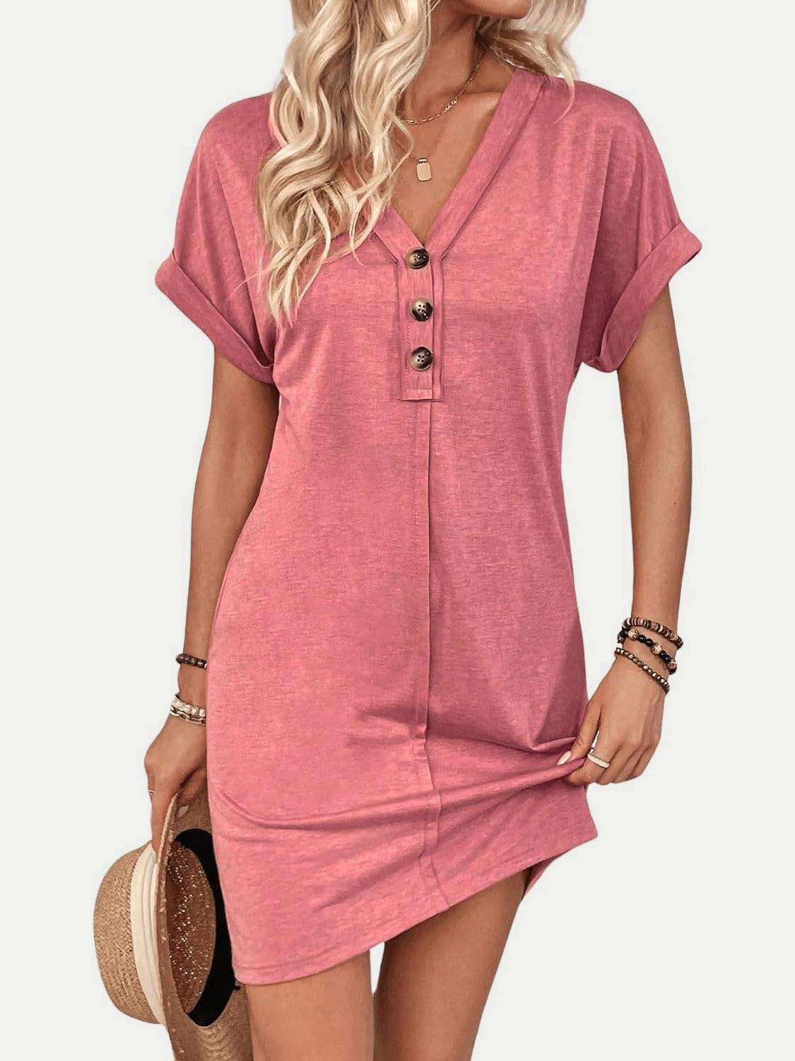 Quarter Button V-Neck Short Sleeve Dress - Trendsi - Flyclothing LLC
