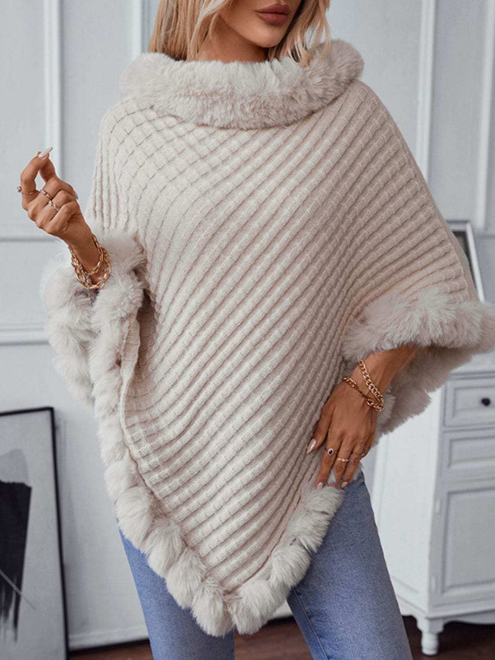 Fuzzy Trim Texture Three-Quarter Sleeve Poncho - Trendsi - Flyclothing LLC