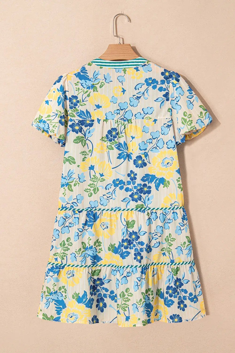 Floral Striped Trim Puff Short Sleeve Dress - Trendsi - Flyclothing LLC