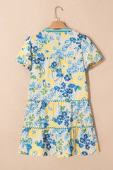 Floral Striped Trim Puff Short Sleeve Dress - Trendsi - Flyclothing LLC
