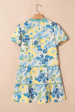Floral Striped Trim Puff Short Sleeve Dress - Trendsi