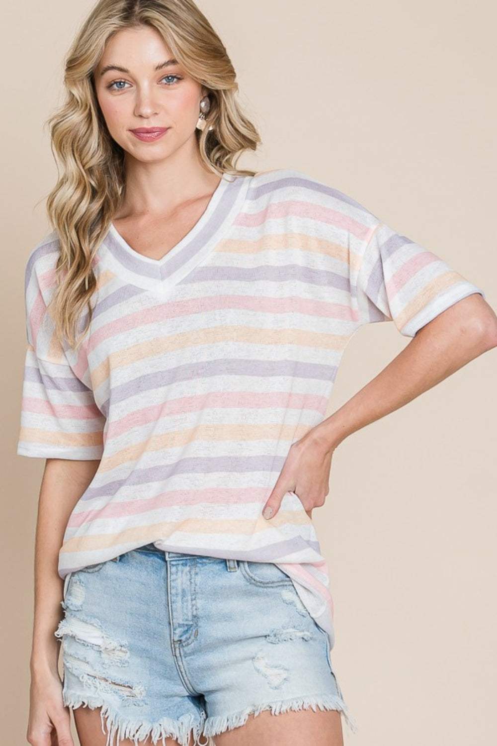 BOMBOM Striped V-Neck Short Sleeve T-Shirt - Trendsi - Flyclothing LLC