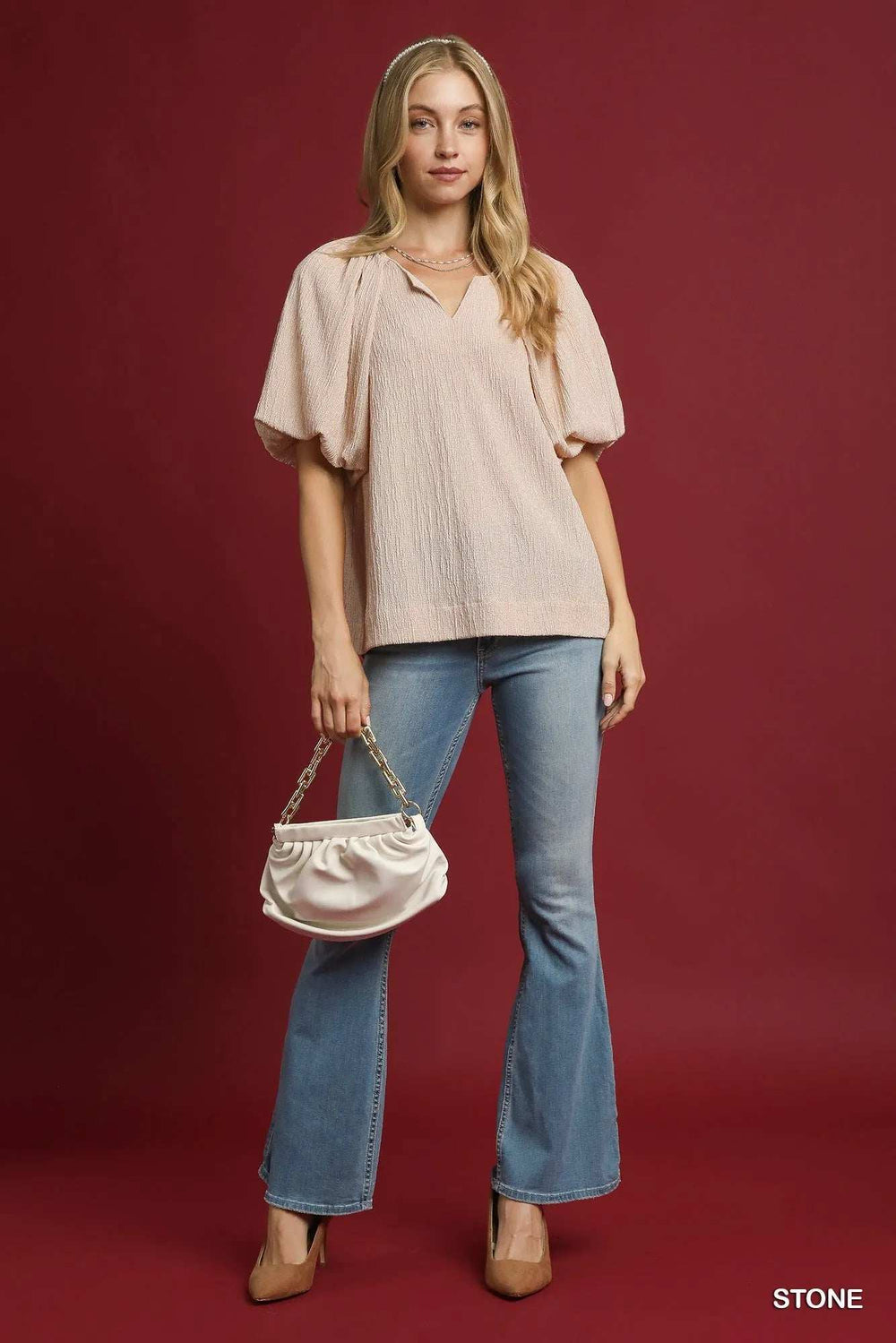 Umgee Texture Puff Sleeve Notched Blouse - Trendsi - Flyclothing LLC