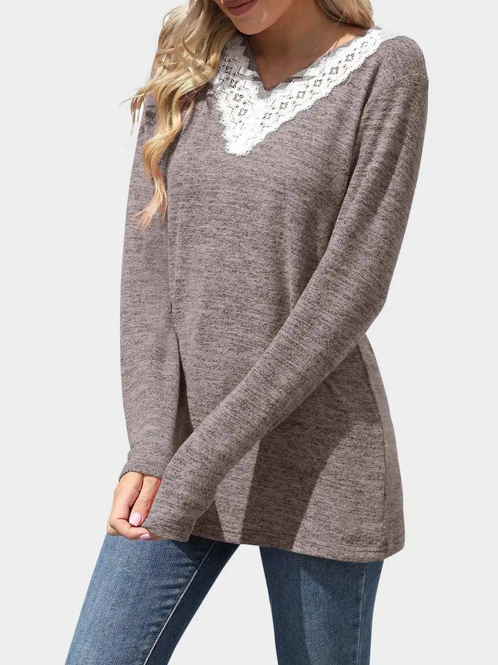Lace Detail V-Neck Long Sleeve T-Shirt - Trendsi - Flyclothing LLC