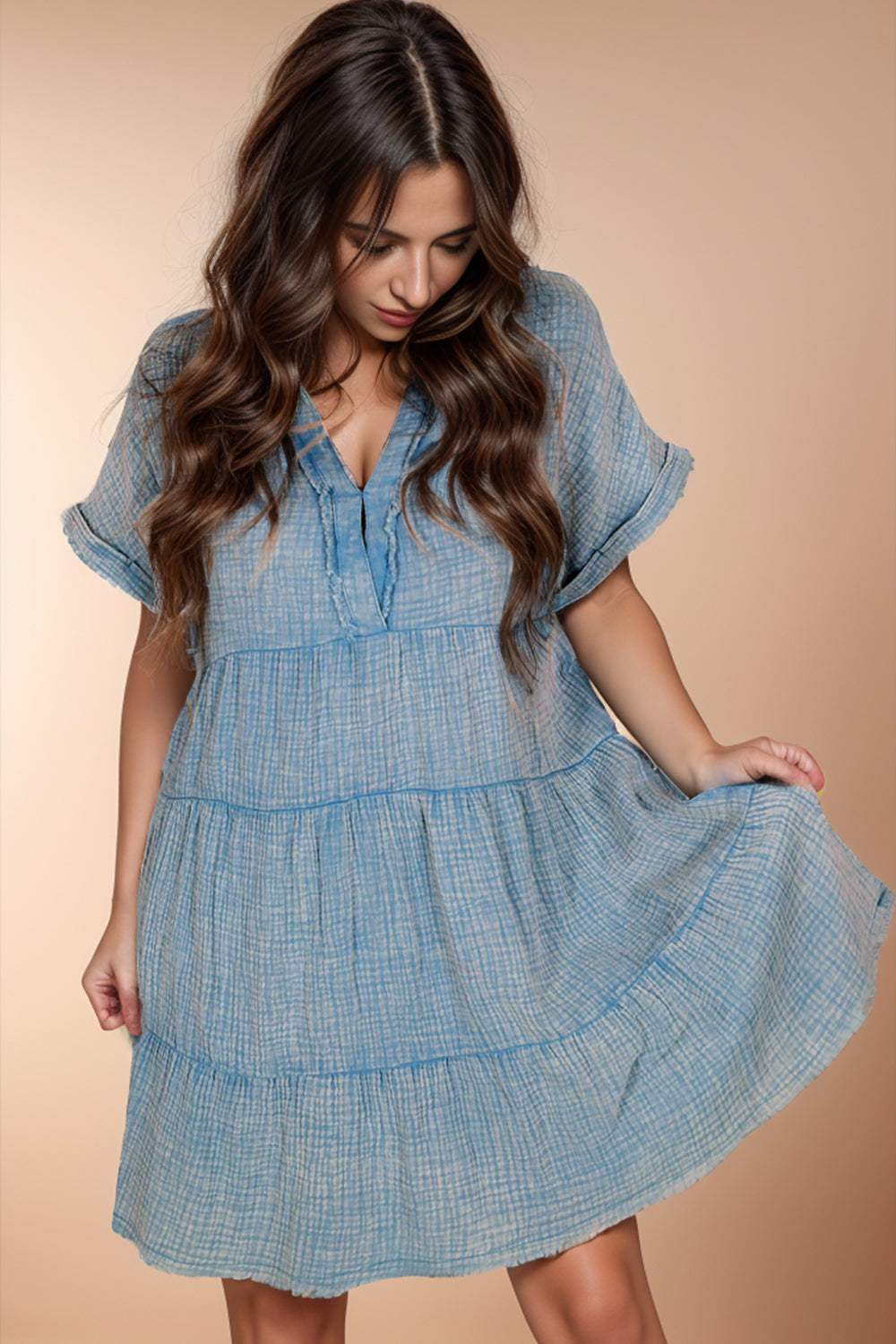 Tiered Notched Short Sleeve Dres - Trendsi - Flyclothing LLC
