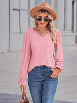 Eyelet V-Neck Flounce Sleeve Blouse - Trendsi - Flyclothing LLC