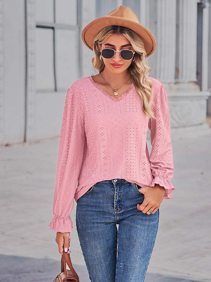 Eyelet V-Neck Flounce Sleeve Blouse - Trendsi - Flyclothing LLC