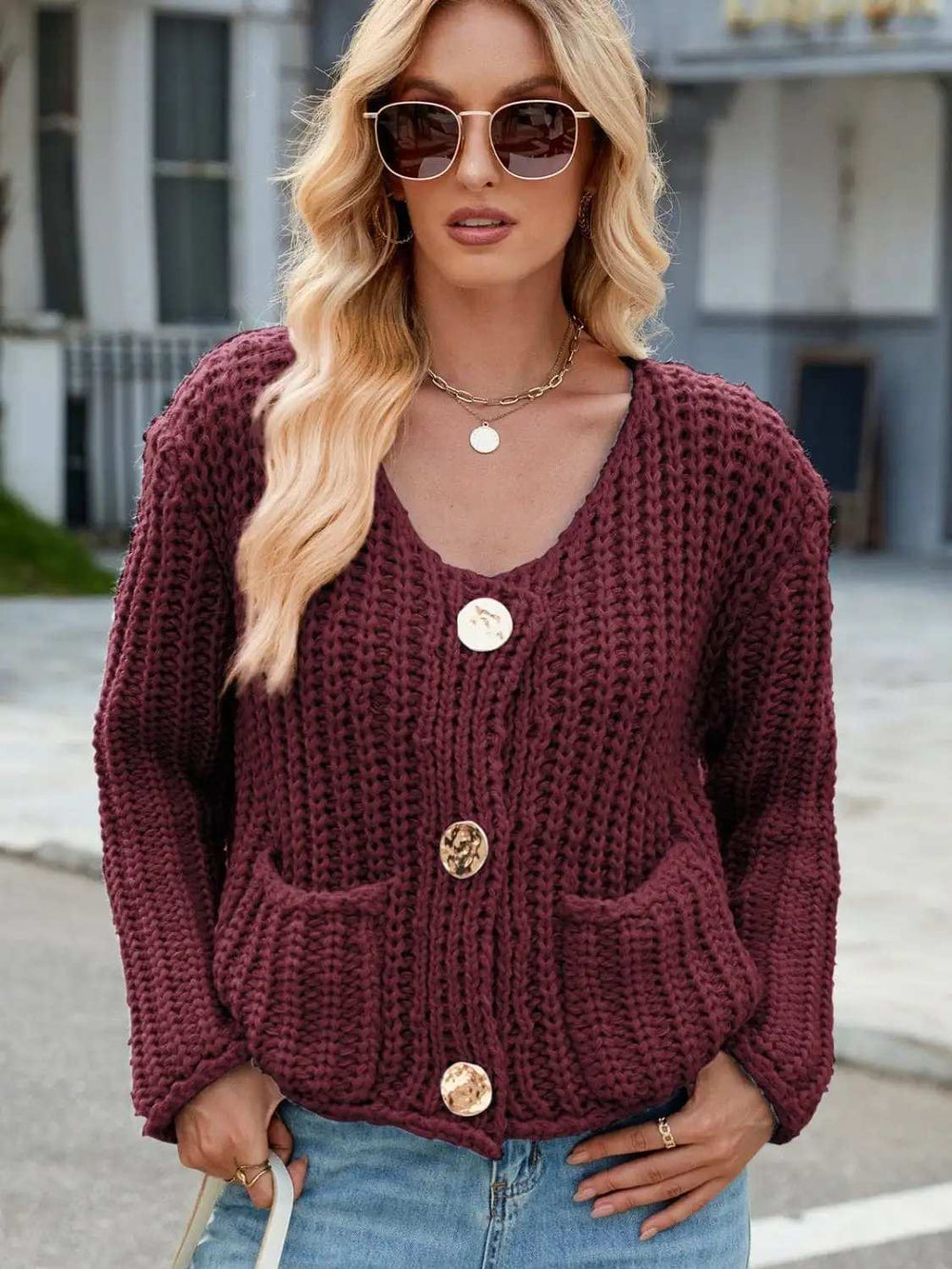 Round Neck Button Up Cardigan with Pockets - Trendsi - Flyclothing LLC