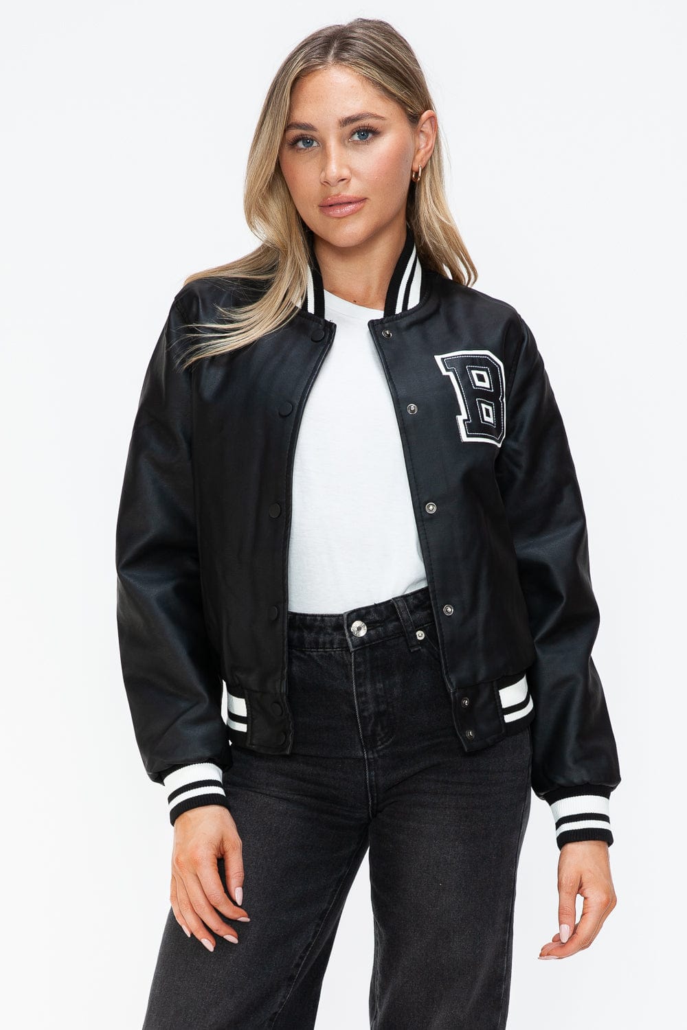 Love Me Now PU Leather Contrast Snap Down Bomber Jacket - Trendsi