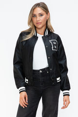 Love Me Now PU Leather Contrast Snap Down Bomber Jacket - Trendsi