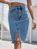 Raw Hem Slit Denim Skirt - Trendsi - Flyclothing LLC