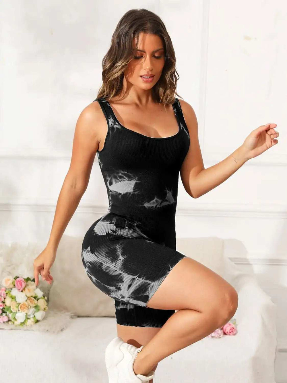 Tie-Dye Wide Strap Active Romper - Trendsi - Flyclothing LLC