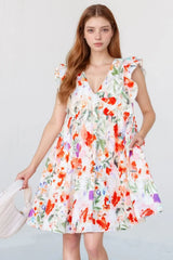 Floral Double Ruffle Sleeve V Neck Mini Dress - Trendsi - Flyclothing LLC