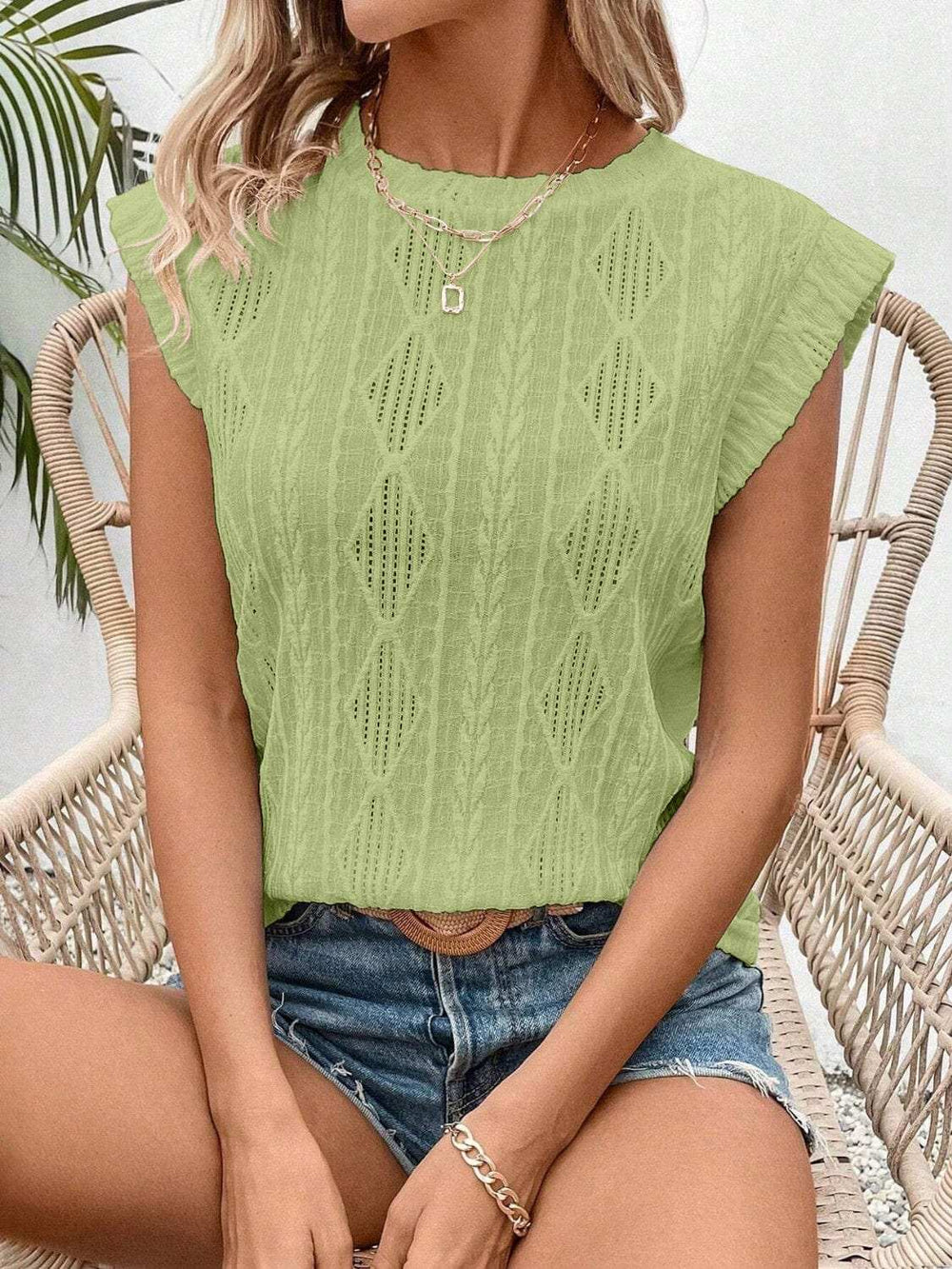 Openwork Round Neck Cap Sleeve Top - Trendsi - Flyclothing LLC