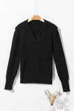 Solid Color Notched Long Sleeve Sweater - Trendsi