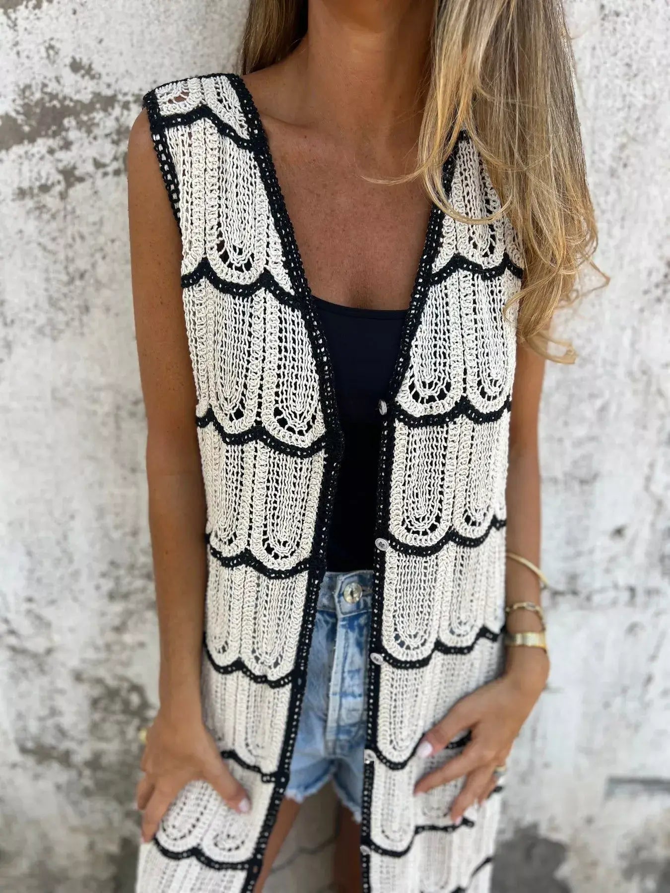 Sleeveless Crochet Longline Cardigan - Trendsi - Flyclothing LLC