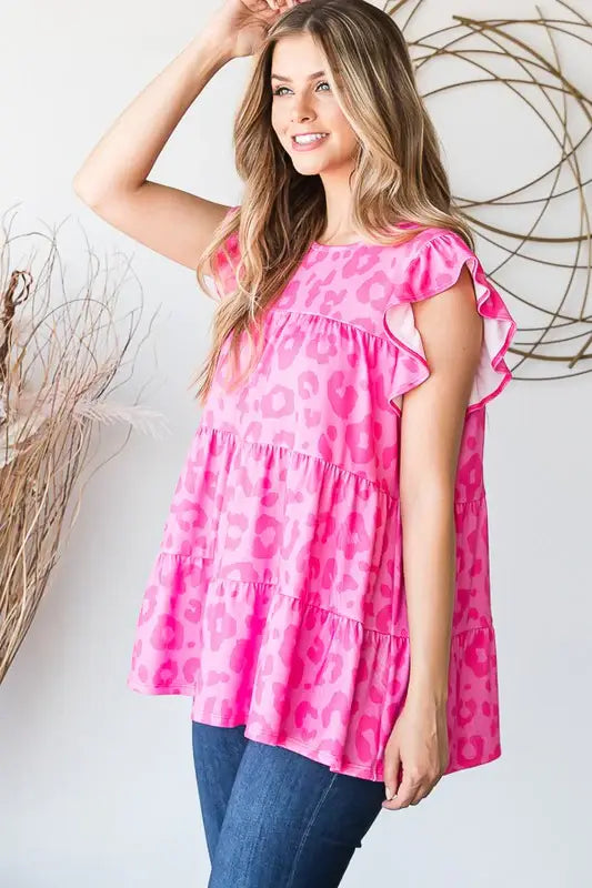 Heimish Full Size Tiered Leopard Round Neck Blouse with Ruffled Detail Plus Size - Trendsi - Flyclothing LLC