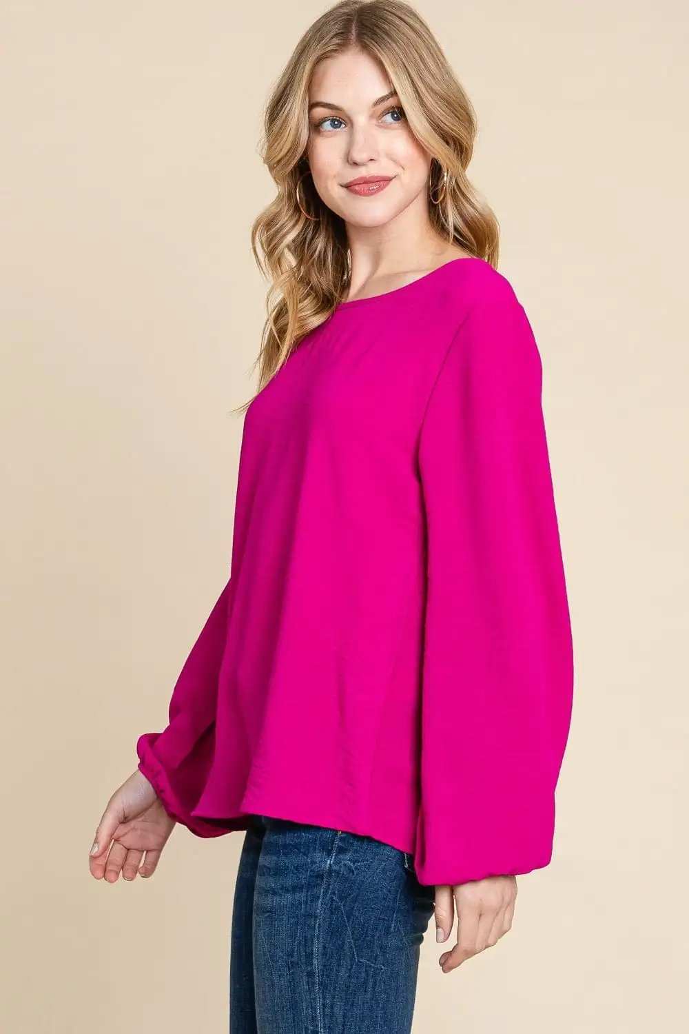 BOMBOM Textured Balloon Sleeve Top - Trendsi - Flyclothing LLC