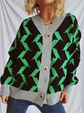 Contrast Trim Geometric V-Neck Long Sleeve Cardigan - Trendsi - Flyclothing LLC
