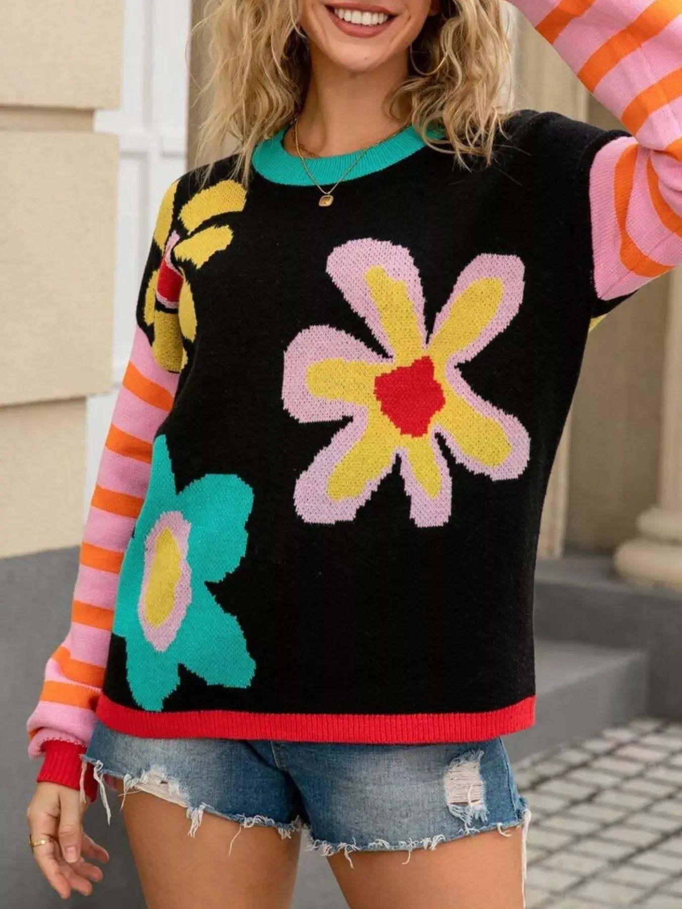 Floral Striped Crew Neck Sweater - Trendsi - Flyclothing LLC
