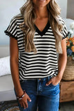 Striped Print V Neck Delicate Trim Casual Tee - Trendsi - Flyclothing LLC