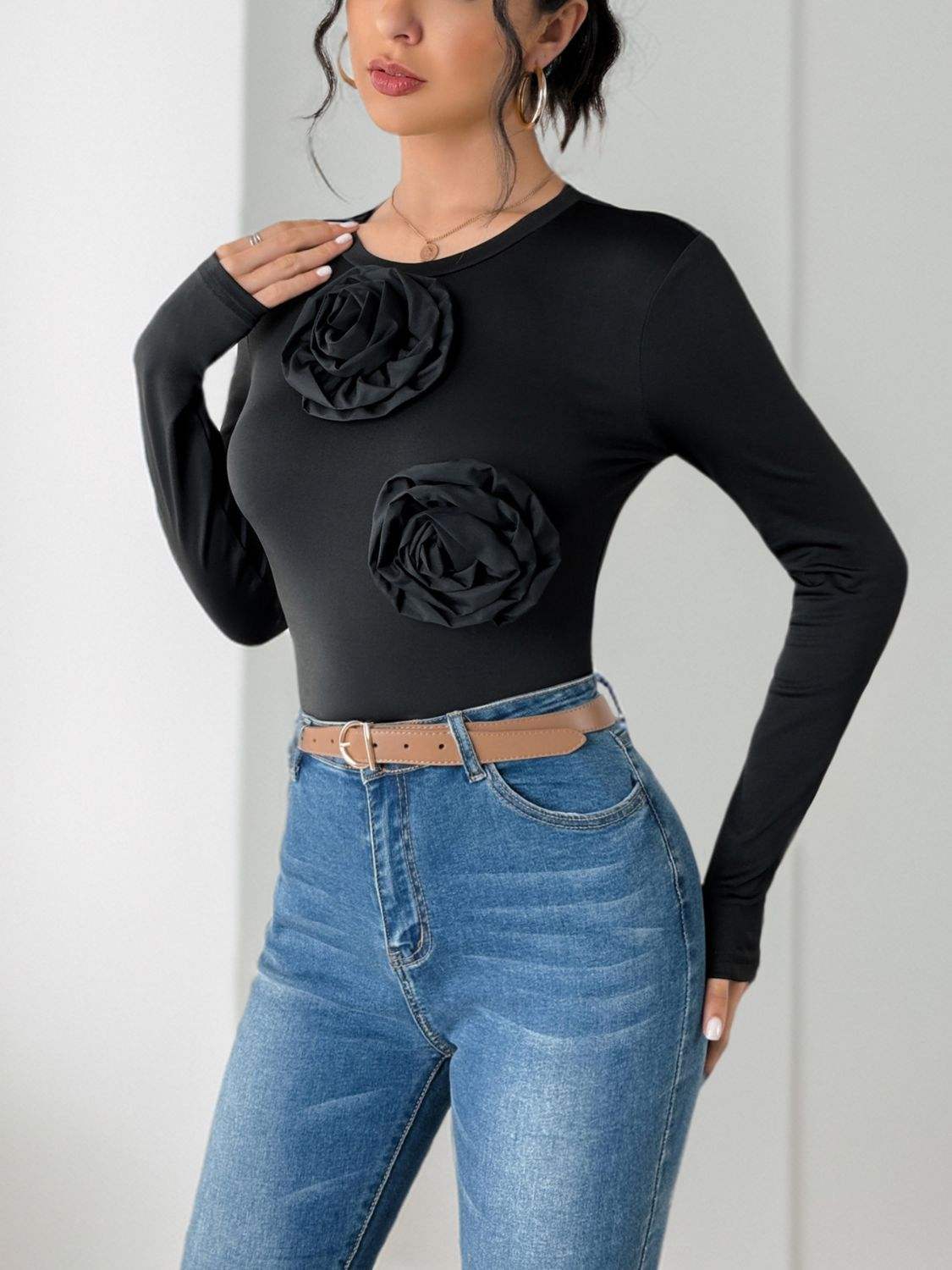 Perfee Flower Round Neck Long Sleeve Bodysuit - Trendsi - Flyclothing LLC