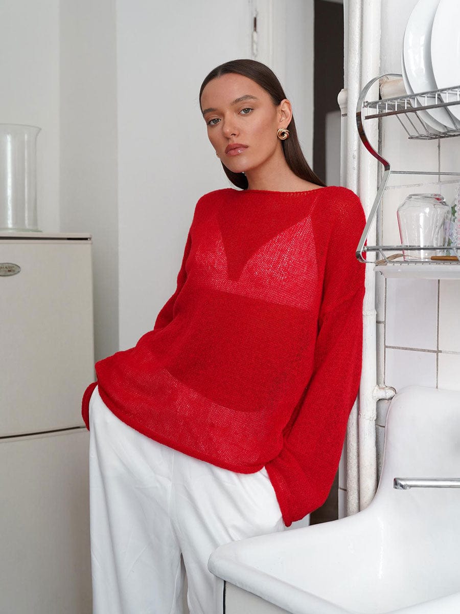 Round Neck Long Sleeve Knit Cover Up - Trendsi