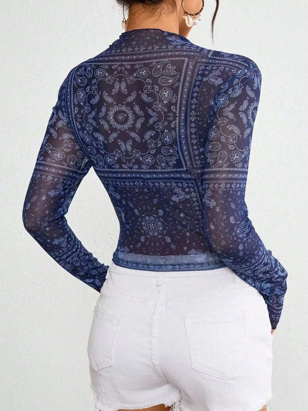 Paisley Mock Neck Long Sleeve Sheer Top - Trendsi - Flyclothing LLC