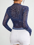 Paisley Mock Neck Long Sleeve Sheer Top - Trendsi