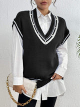 Pearl Trim Contrast V-Neck Sweater Vest - Trendsi - Flyclothing LLC