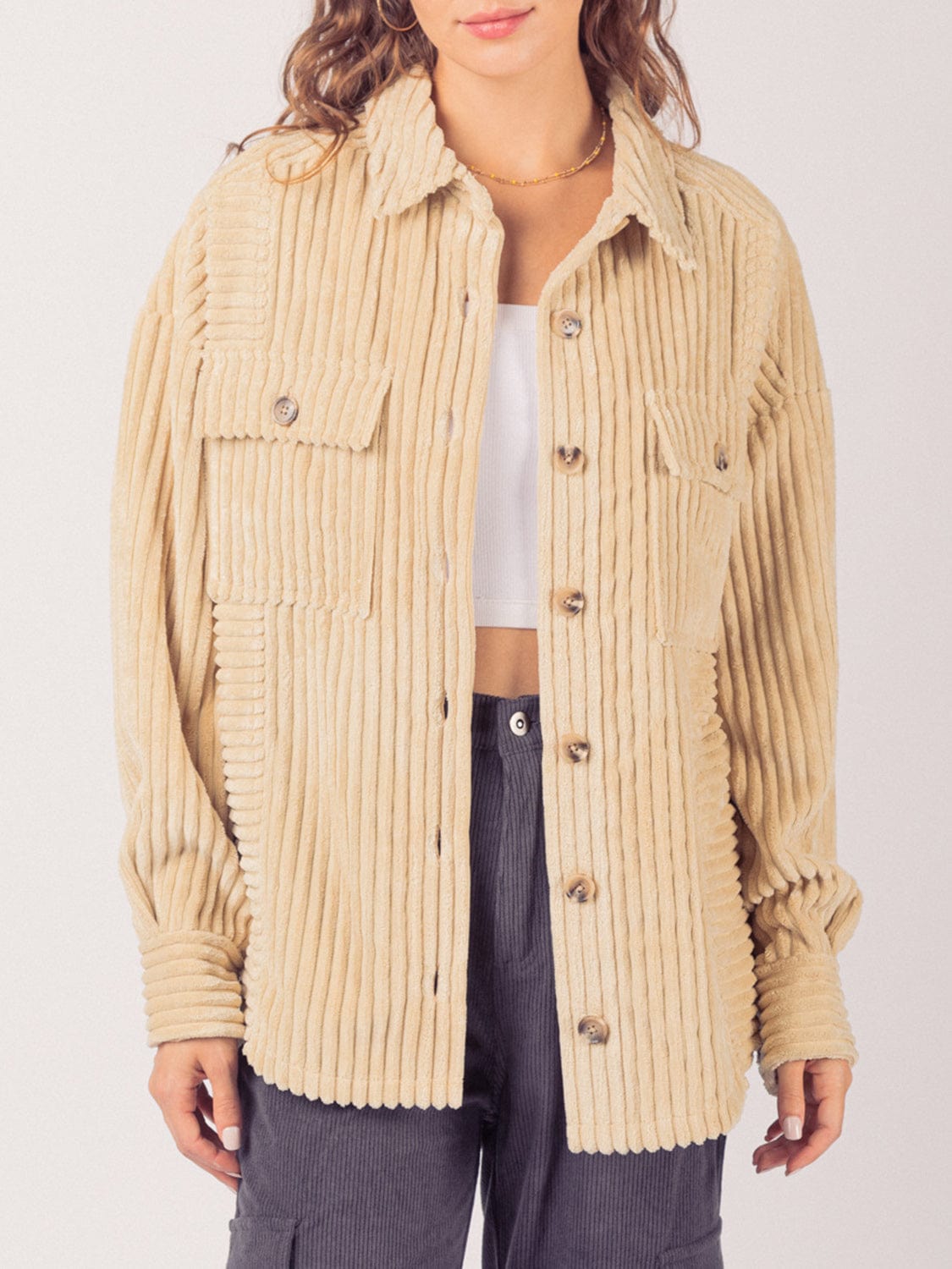 Button Up Long Sleeve Corduroy Jacket - Trendsi