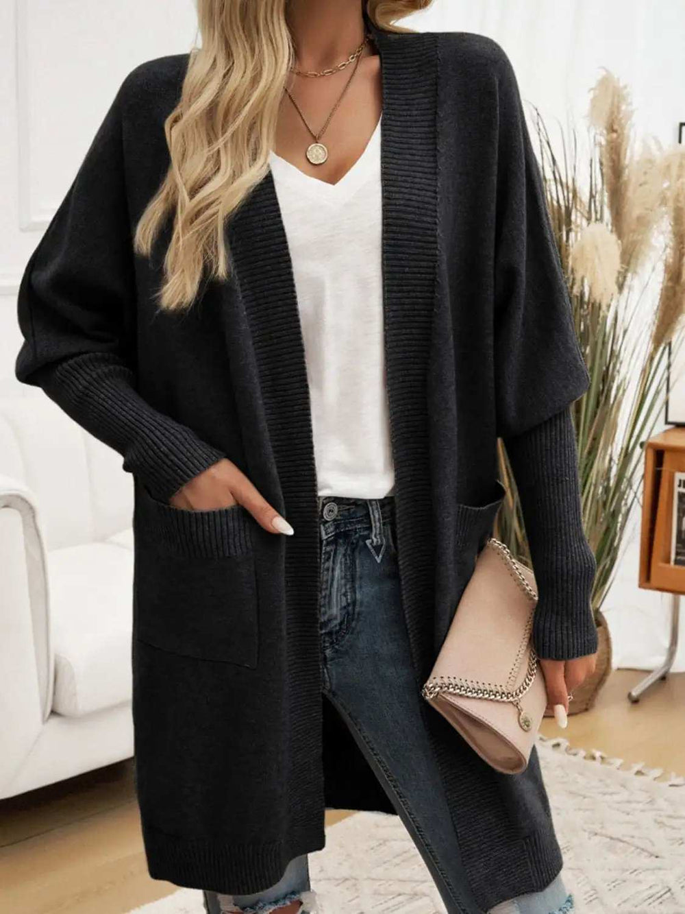 Devine Open Front Long Sleeve Cardigan - Trendsi - Flyclothing LLC
