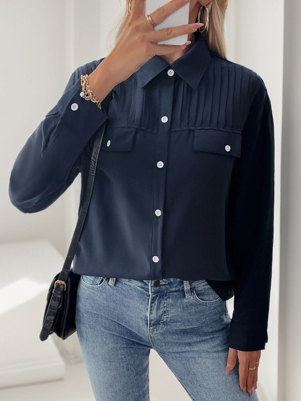 Perfee Buttoned Down Long Sleeve Shirt - Trendsi