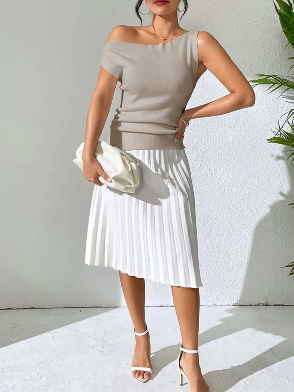 Single Shoulder Short Sleeve Knit Top - Trendsi - Flyclothing LLC