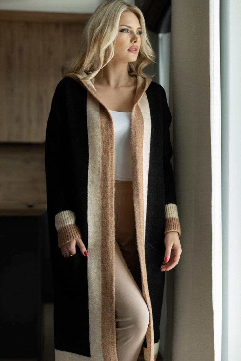 Pocketed Contrast Long Sleeve Hooded Cardigan - Trendsi - Flyclothing LLC