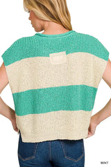 Zenana Split Neck Sleeveless Stripe Sweater - Trendsi - Flyclothing LLC