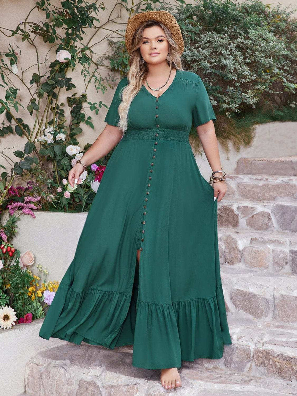 Plus Size Button Detail V-Neck Short Sleeve Maxi Dress - Trendsi - Flyclothing LLC