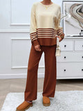 Devine Slit Striped Round Neck Top and Pants Sweater Set - Trendsi - Flyclothing LLC