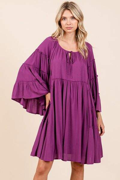 Mittoshop Frill Tie Neck Bell Sleeve Dress - Trendsi - Flyclothing LLC